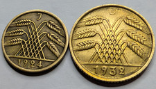 1932 F WEIMAR GERMANY 10 REICHSPFENNIG(UNC)  And 1924 J 5 REICHSPFENNIG EF+ picture