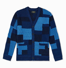 BEAMS Plue Men's Blue Patchwork Knitted Cardigan Sweater w/ Pockets L picture