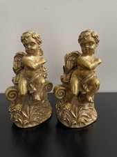 VTG Pair Of Gilded Golden Cherubs Candle Holders, Winged Angels 6 1/2”Tall picture