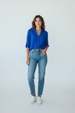 Express Women’s Size M The Portifino Shirt Slim Fit Roll Tab Sleeve Blouse Blue picture