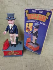 Vtg 1975 Plastic Reproduction Old Time Uncle Sam Mechanical Bank, Original Box picture