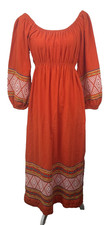 VTG Perucian Embroidered Cotton Orange Bohemian Ethnic Peasant Dress  picture