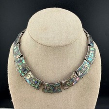 Vintage Taxco Necklace Silver Abalone Inlay Mosaic Geometric Collar Choker 16in picture