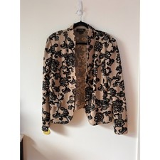 St. John Floral Jacquard Knit Blazer Jacket Size 16 Tan Black Jeweled Buttons picture