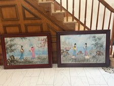 Lot of 2 Framed Chinese Paintings Ladies/Figures in Landscape, Seal Signature picture