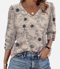 Womens 3/4 Sleeve V-Neck Button Top Casual Blouse for Summer Vacation picture