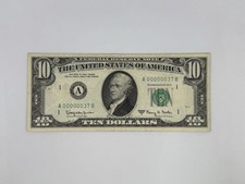 1963 10 TEN $ DOLLAR BILL FEDERAL RESERVE NOTE LOW SERIAL # A 00000037 B   RARE picture