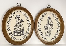 Vintage Cross Stitch Victorian Man Woman Silhouette Wall Art Set 2 Oval Frames picture