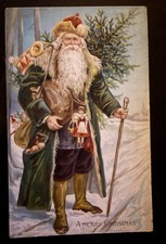 Long Green Robe~ Santa Claus with Tree~Toys~Antique~Christmas Postcard-s790 picture