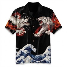 Japanese Dragon Tiger Hawaiian Shirt Men Wave Irezumi Summer Aloha Beach Top picture