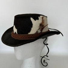 Handmade Cowhide Spotted Leather Cowboy Hat, Steampunk Brown Braided Band Fedora picture
