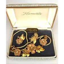Vintage Krementz 14k Gold Overlay Floral Choker Necklace Screwback Earrings Box picture