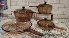 VTG Corning Visions Amber Glass Cookware 7pc Set Skillets Saucepan Stockpot Lids picture