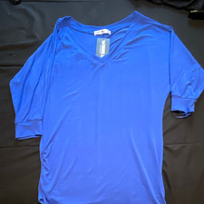 Doublju Women's Blue Solid Rayon Spandex V-Neck 3/4 Sleeve T-Shirt L picture
