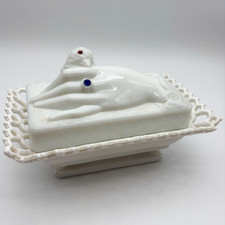 Antique 1889 Atterbury Hand & Dove Victorian Milk Glass Covered Dish 2 pcs picture