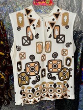 True Vintage Mid-century 1960s 70s Mod Sleeveless Poly Brown Geometric Top M picture