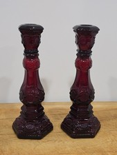 Vintage Avon 1876 Cape Cod Ruby Red Glass Tall Candlesticks Pair 8 5/8