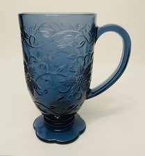VTG Princess House Fantasia Sapphire Blue Embossed Poinsettia 10 Oz. Mug EUC picture