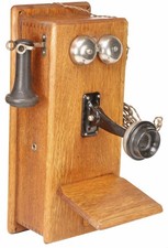 Antique Oak Wall Telephone 5 Bar Magneto Hand Crank Twin Bell Early 1900s picture