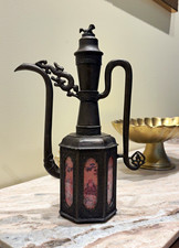 Vintage Chinese Pewter Teapot 6 Hand Painted Glass Panels Qing Dynasty 645 picture