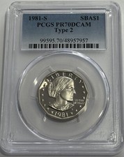 1981 S $1 Type 2 PCGS PR70 DCAM Cameo Proof Susan B. Anthony Dollar SBA Flat S picture