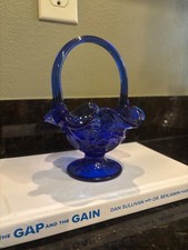 Fenton Glass Company Cobalt Blue Scalloped Bride Basket with Strawberry Pattern picture
