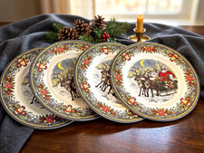 Royal Stafford Santa Sleigh Reindeer 11 in Ceramic Dinner Plates Set of 4 picture