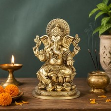 Brass Lord Ganesha Idol on Lotus Base Figurine Statue Sculpture Home Decor picture
