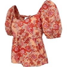 THML Womens Medium Puff Sleeve Blouse Floral Open Back Peplum Cottagecore Boho picture