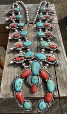 NATIVE AMERICAN NAVAJO STUNNING TURQUOISE & CORAL SQUASHBLOSSOM NECKLACE 252GRMS picture