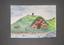 ACEO Landscape Watercolor Painting Grass Roof House by River picture