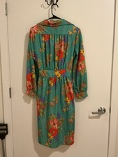 Vintage Leslie Fay Women's Floral Green Dress Long Sleeve Button Front Belted 14 picture