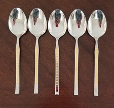 Lot of 5 Haro Lux 18/8 Stainless Steel Gold Accent Place/Oval Soup Spoons 7 3/4