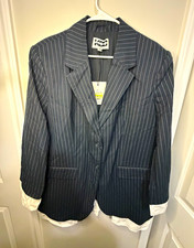NWT KBB by Kahlana Women’s Blue Pinstripe Blazer with white Cuffs XL picture