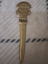 Vintage Solid Brass PERU Souvenir Letter Opener Inca Indian with Head Dress picture