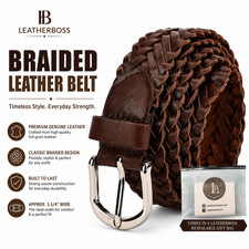 Leatherboss Genuine Leather Men Casual Belt Braided, Brown picture