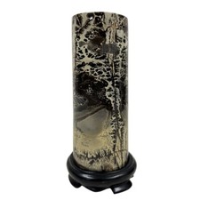 Vintage Cylindrical Picture Jasper Tower on Wood Stand picture
