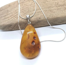 Old Natural Amber Stone Pendant On Sterling Silver 925 Chain Antique Vintage picture
