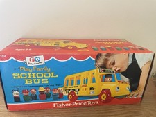 Vintage Fisher Price WOOD Little People School Bus 1968 STOP SIGN #192 With BOX picture