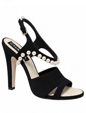 CHANEL 2014 Runway Black Suede Faux Pearl CC Slingback Sandals 37.5 NWOT picture