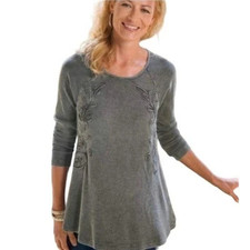 Soft Surroundings Camden Waffle Knit Tunic Top Sz S Gray 3/4 Sleeve Embroidered picture