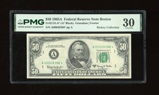 DBR 1963-A $50 FRN Boston STAR Fr. 2113-A* PMG 30 Serial A00049396* picture