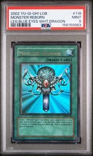 2002 Yu-Gi-Oh LOB-118 Monster Reborn 1.5 Print Lowered Name PSA 9 Mint picture