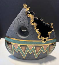 Sharon Penn Southwest Pottery Vase Green 22K Gold Accent Signed picture