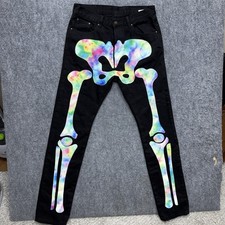 MNML Rainbow Skeleton Slim straight Buttonfly Jeans Black Men's Size 34 34x35 picture