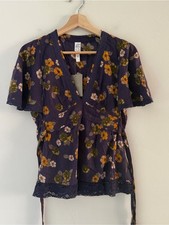 Anthropologie NWT Babydoll Blouse Purple Floral Tie Back Crochet Trim Size 2 picture