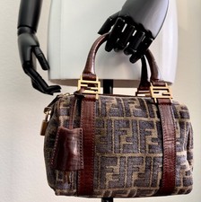 Fendi Velvet Monogram Mini Boston Bag Zucca FF Brown Velour Leather Vintage EUC picture