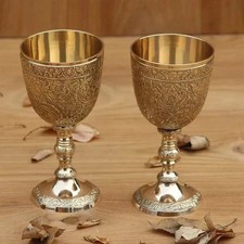 FATIMA Handmade Set Of 2 Royal King Embossed Goblet Design Brass Wine Glass picture