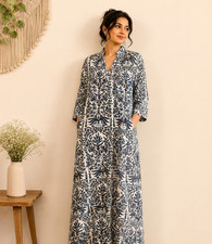 Women’s Blue White Floral Maxi Dress V Neck Long Sleeve Boho Casual Full Length picture