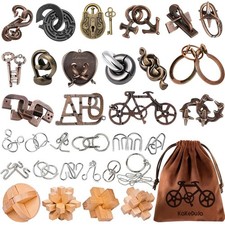 32 PCS Metal and Wooden Brain Teaser Puzzles 3D IQ Game Set for Adults Kids picture